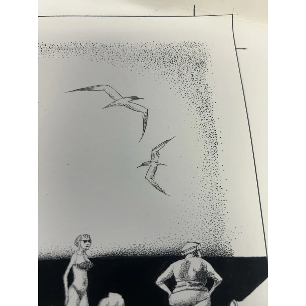 Original Alexander Valdman 2002 Signed Pen & Ink Drawing - Crowded Beach Scene